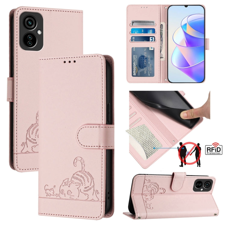 Rose pink flip wallet phone case with embossed cat-rat pattern, card slot, RFID lining