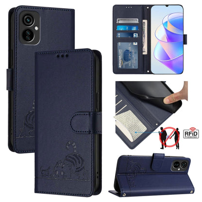 Dark blue flip wallet phone case with embossed cat-rat pattern, card slot, RFID lining