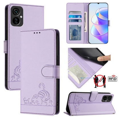 RFID leather folio phone case with cat-and-rat embossing, lavender, card slots