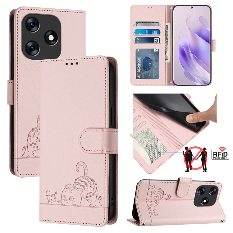 Soft pink cat-and-rat embossed RFID leather phone case with strap and card slot