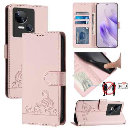RFID leather phone case with flip cover, embossed cat rat pattern, card slots, blush pink