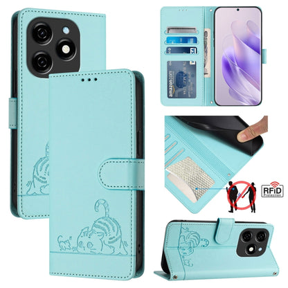 Mint green RFID leather phone case with cat-and-rat embossed pattern and lanyard