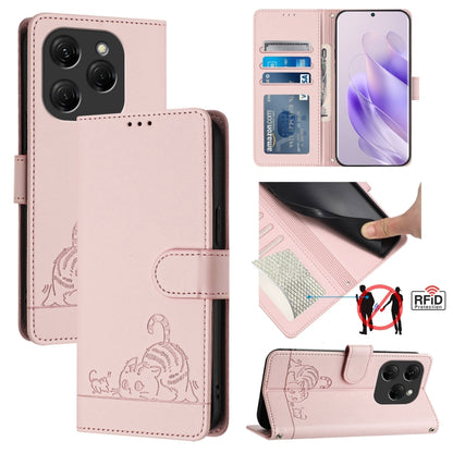 Pink cat-and-rat embossed RFID leather wallet phone case with card slot
