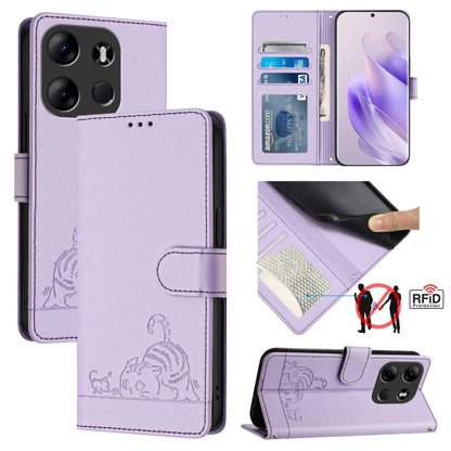 RFID leather phone case with flip cover, embossed cat rat pattern, card slots, purple