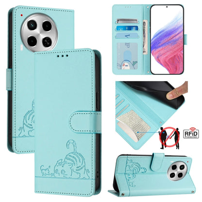 Light teal embossed leather phone wallet case with lanyard and RFID card slots, cat pattern