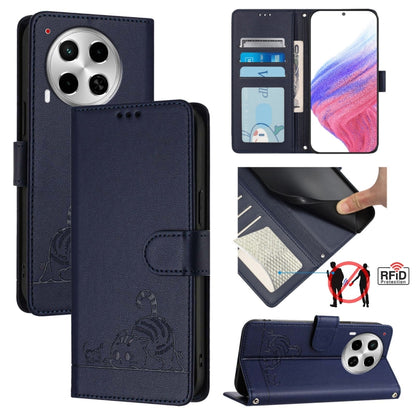 Navy RFID leather phone case, cat embossed pattern, fold-over wallet with lanyard and card slots