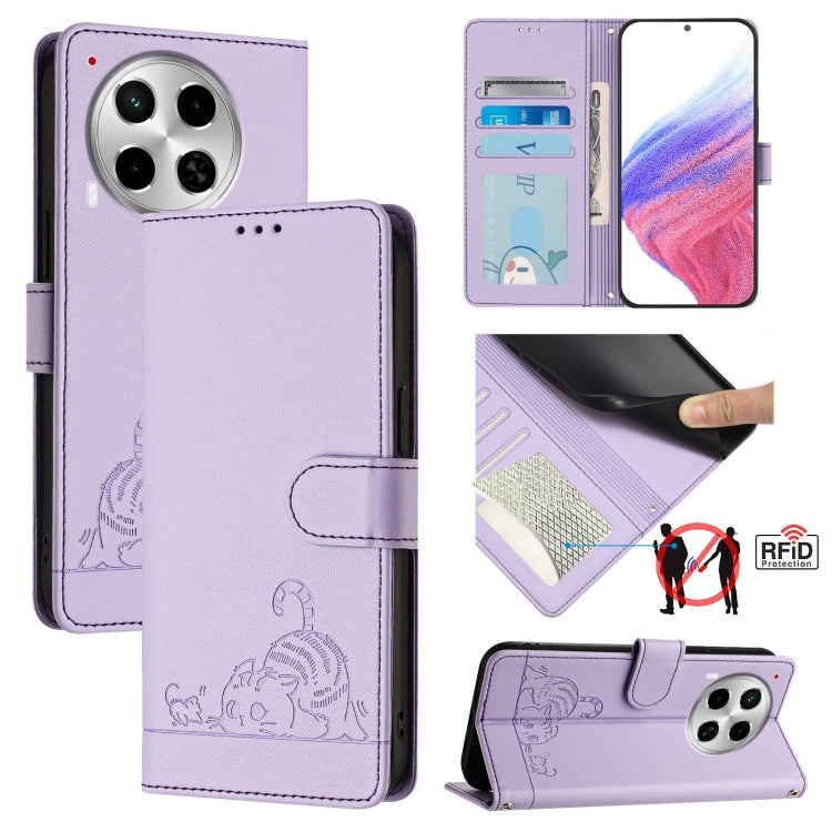 Lavender RFID leather phone case with cat embossed pattern, fold-over wallet and lanyard