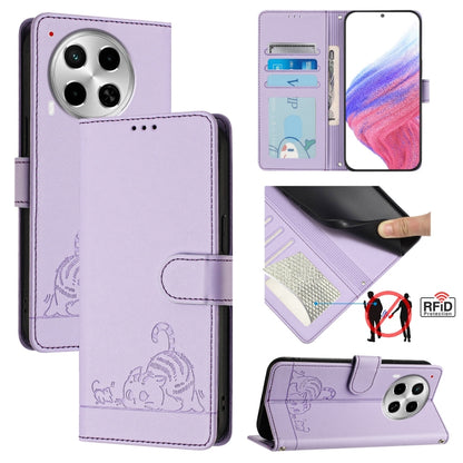Lavender RFID leather phone case with cat embossed pattern, fold-over wallet and lanyard