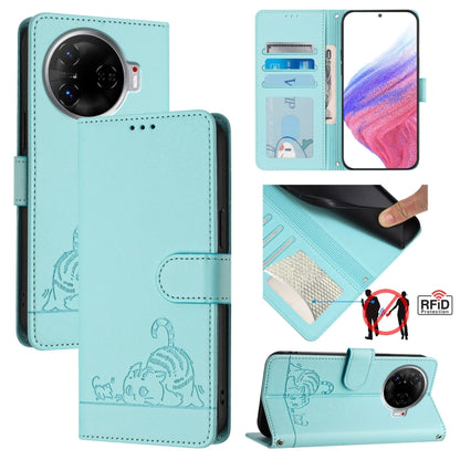 Light mint blue RFID leather wallet phone case with cat-rat embossed pattern and lanyard