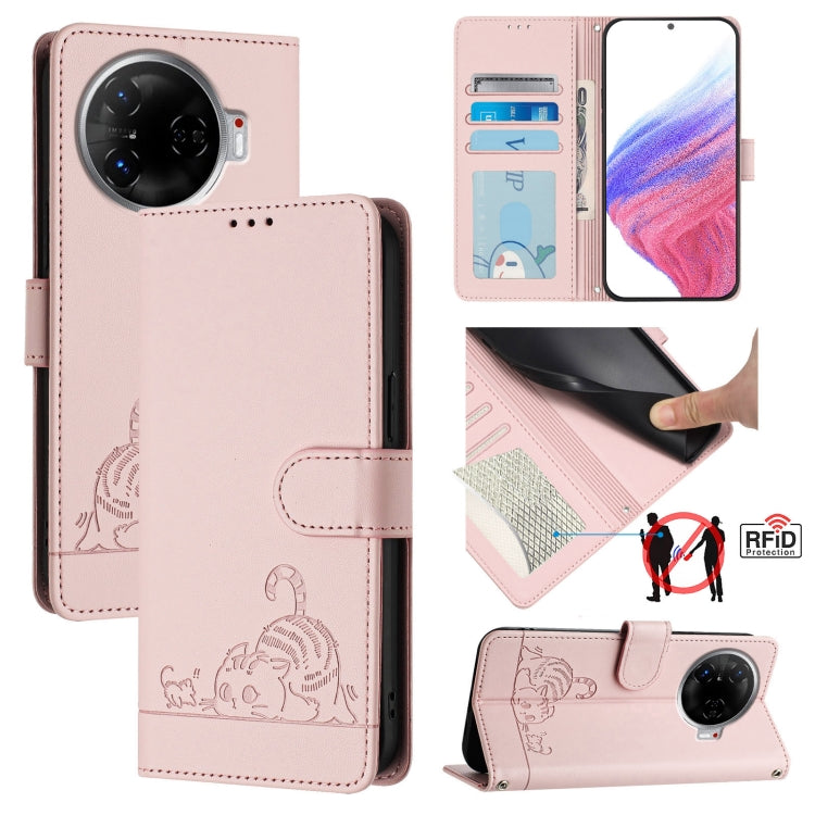 Pink flip leather phone case with RFID card slots, embossed cat-and-rat pattern
