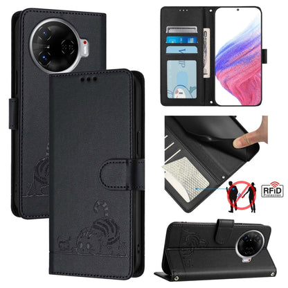 Black flip leather phone case with RFID card slots and embossed cat-and-rat pattern