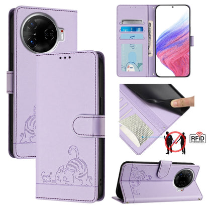 Lavender flip leather phone case with RFID card slots, embossed cat-and-rat pattern