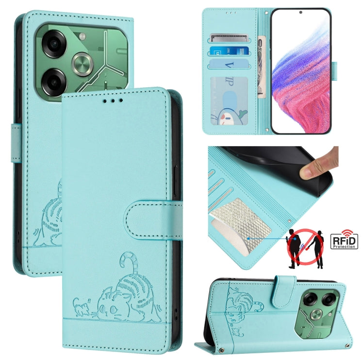 Peacock green RFID leather wallet phone case with cat-rat embossed pattern and lanyard