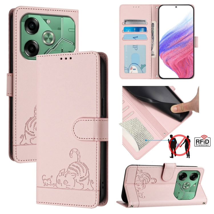 Pink RFID leather wallet phone case with cat-rat embossed pattern and lanyard