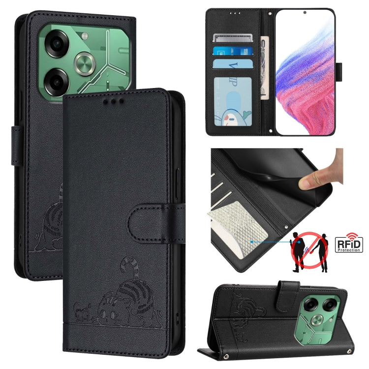 Dark black RFID leather wallet phone case with cat-rat embossed pattern and lanyard