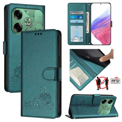 Peacock green RFID leather wallet phone case with cat-rat embossed pattern and lanyard