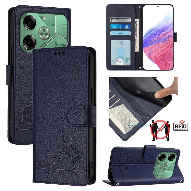 Navy/black RFID leather wallet phone case with cat-rat embossed pattern and lanyard
