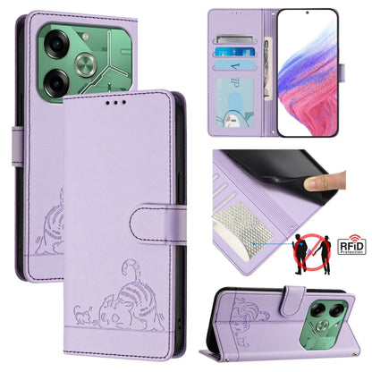 Lavender RFID leather wallet phone case with cat-rat embossed pattern and lanyard