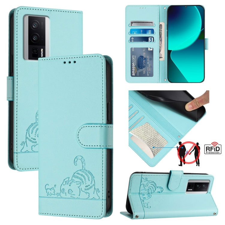 Cat Rat Embossed Pattern RFID Leather Phone Case with Lanyard, For Xiaomi Redmi K50i, For Xiaomi Redmi Note 12 5G Global, For Xiaomi POCO X5, For Xiaomi Redmi Note 12 Turbo 5G, For Xiaomi POCO F5 Pro, For Xiaomi Redmi Note 11 4G Global                 ...