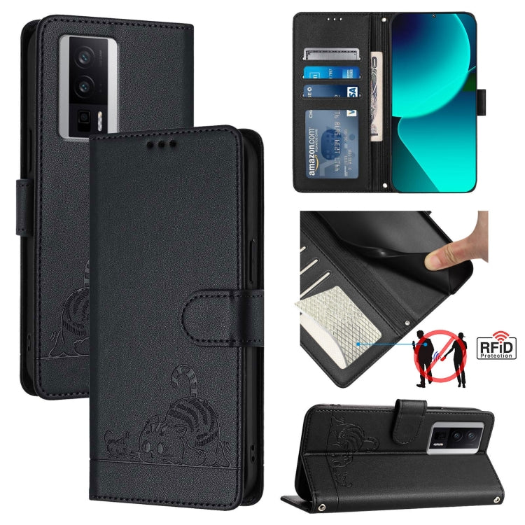 Cat Rat Embossed Pattern RFID Leather Phone Case with Lanyard, For Xiaomi Redmi K50i, For Xiaomi Redmi Note 12 5G Global, For Xiaomi POCO X5, For Xiaomi Redmi Note 12 Turbo 5G, For Xiaomi POCO F5 Pro, For Xiaomi Redmi Note 11 4G Global                 ...