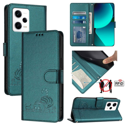 Teal RFID leather folio phone case, cat-and-rat embossed, with lanyard