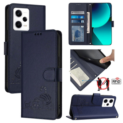 Navy RFID leather folio phone case, cat-and-rat embossed, with lanyard