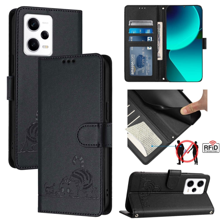 RFID embossed leather phone case with cat pattern, folio wallet, black, lanyard strap