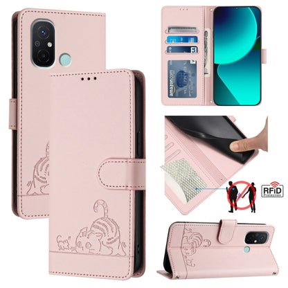 RFID embossed leather phone case with cat pattern, folio wallet, light pink, lanyard strap
