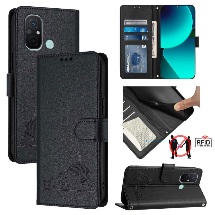 RFID embossed leather phone case with cat pattern, folio wallet, dark black, lanyard strap