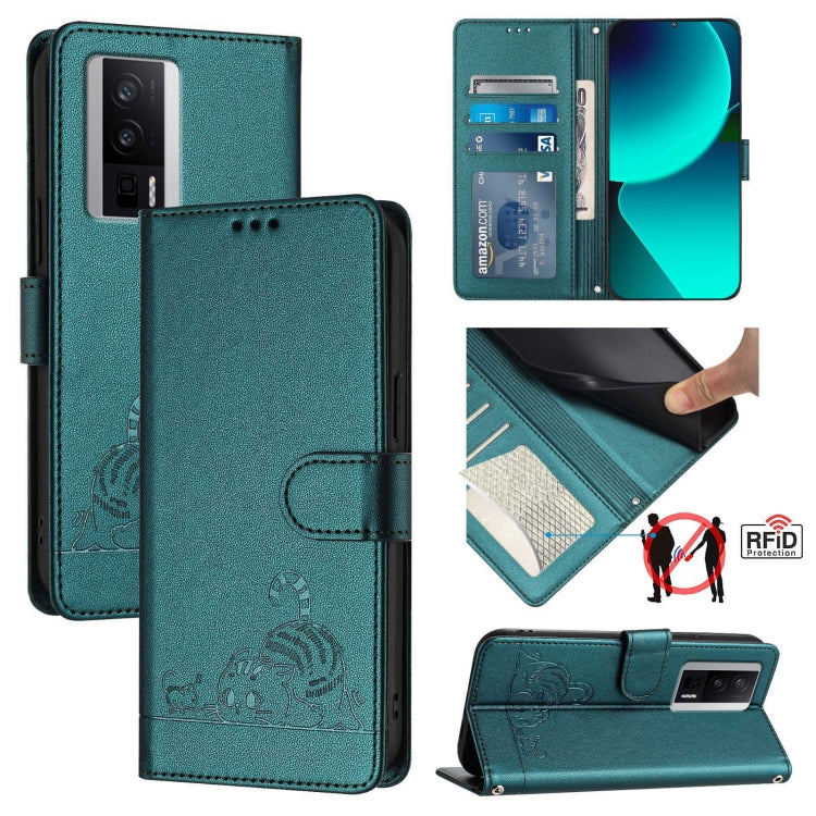 Teal RFID leather phone case with cat-and-rat embossed pattern and flip wallet flap
