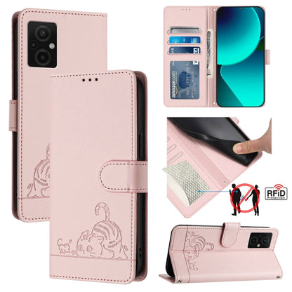 Light pink RFID leather flip wallet phone case with cat-and-rat embossed pattern