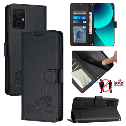 Black embossed RFID leather phone case with flip cover and card slot, cat rat design
