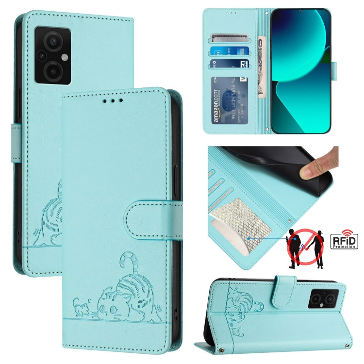 Light teal embossed RFID leather phone case with flip cover and card slot, cat rat design