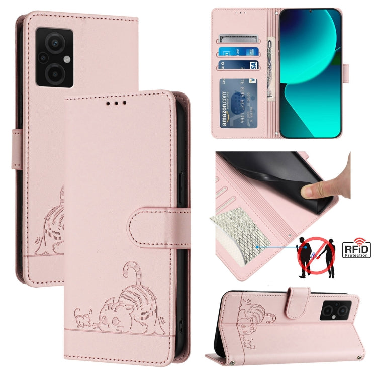Pink RFID leather phone case with lanyard, embossed cat and rat pattern, wallet-style flap