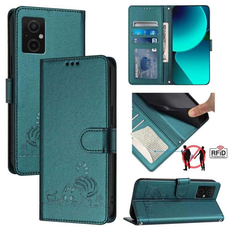 Teal folio phone case with embossed cat-and-rat pattern, card slot, lanyard strap