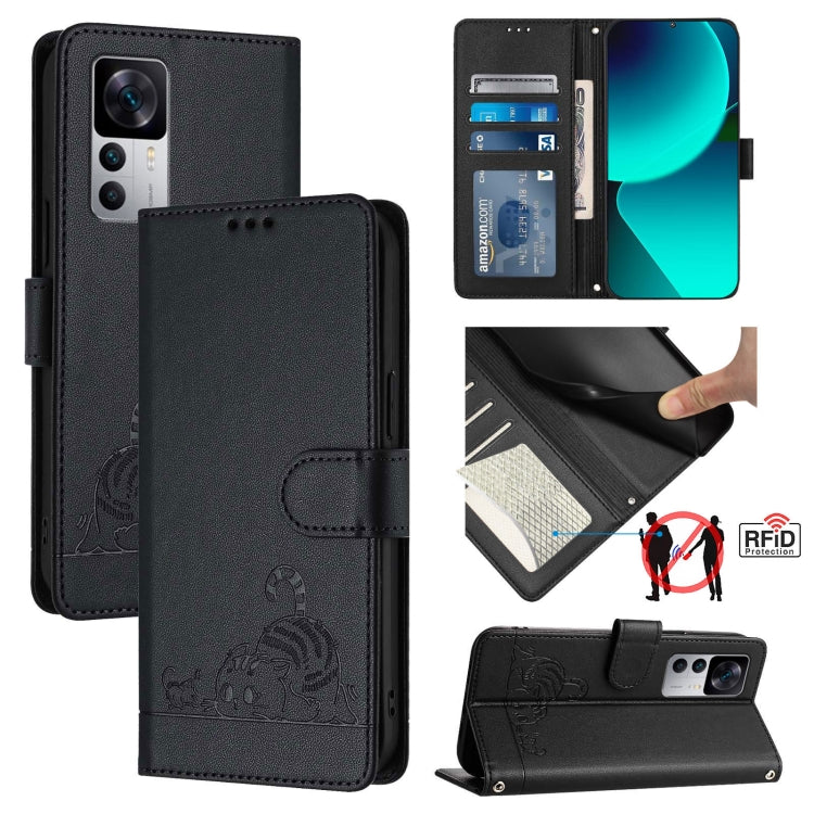 Black RFID leather phone case with lanyard; embossed cat/rat design and card slot flap.
