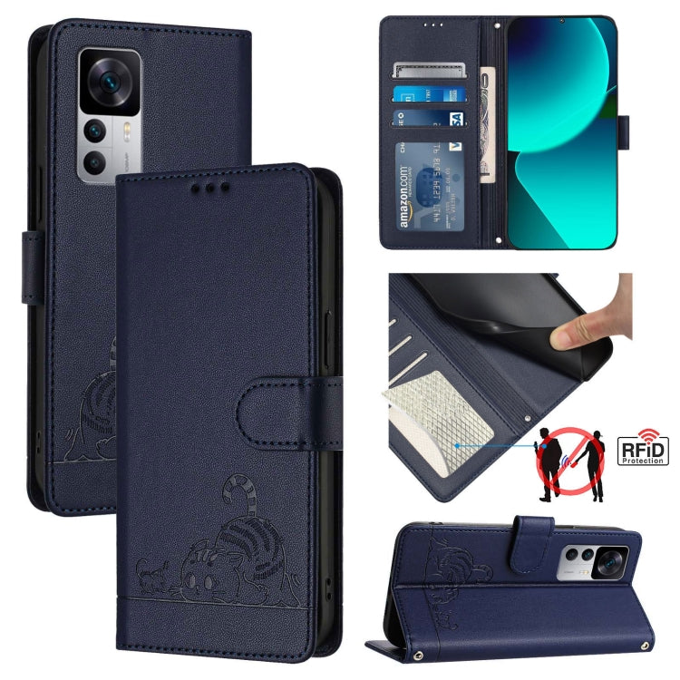 Dark navy RFID leather wallet phone case with lanyard; embossed cat/rat pattern and card slot.
