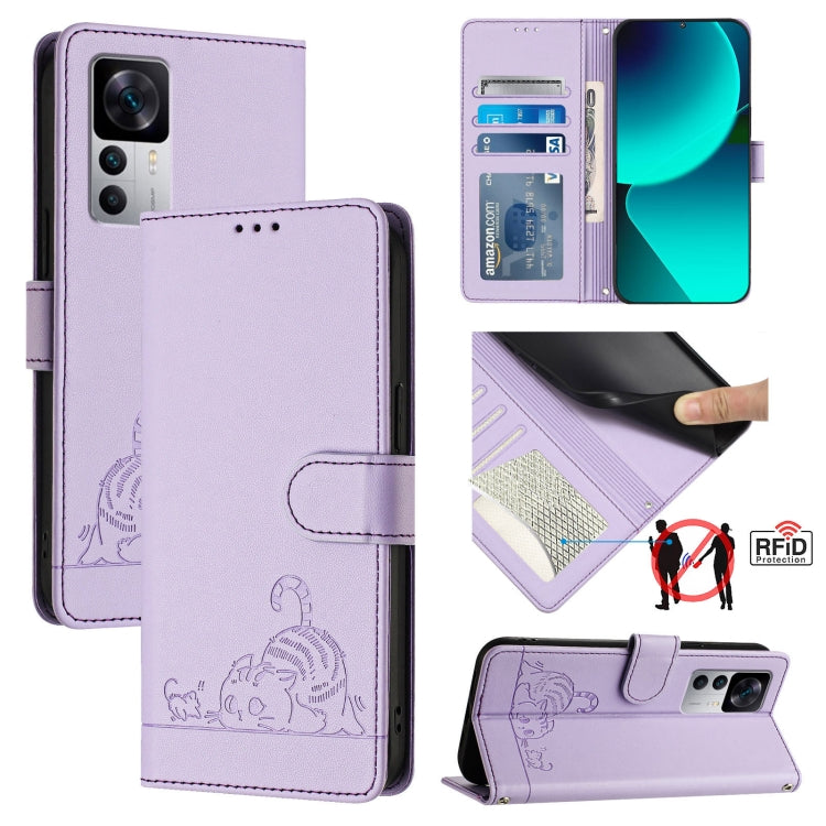 Lavender RFID leather phone case with cat-rat pattern, folio wallet and camera cutout