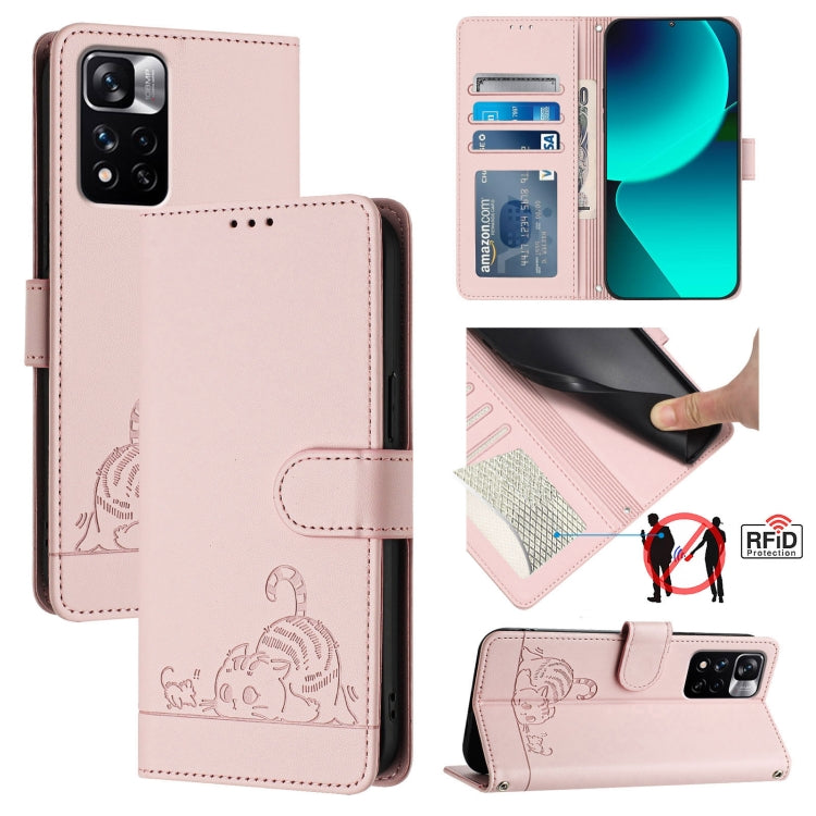 Cat Rat Embossed Pattern RFID Leather Phone Case with Lanyard, For Xiaomi Redmi Note 11 SE India, For Xiaomi Redmi Note 11 Pro 4G Global, For Xiaomi Redmi Note 11 Pro 5G Global, For Xiaomi Redmi Note 11 Pro+ 5G Global, For Xiaomi POCO X4 NFC 5G        ...