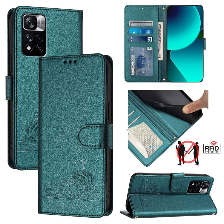 Cat Rat Embossed Pattern RFID Leather Phone Case with Lanyard, For Xiaomi Redmi Note 11 SE India, For Xiaomi Redmi Note 11 Pro 4G Global, For Xiaomi Redmi Note 11 Pro 5G Global, For Xiaomi Redmi Note 11 Pro+ 5G Global, For Xiaomi POCO X4 NFC 5G        ...