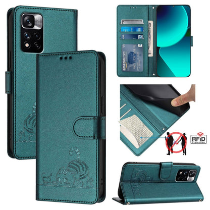 Cat Rat Embossed Pattern RFID Leather Phone Case with Lanyard, For Xiaomi Redmi Note 11 SE India, For Xiaomi Redmi Note 11 Pro 4G Global, For Xiaomi Redmi Note 11 Pro 5G Global, For Xiaomi Redmi Note 11 Pro+ 5G Global, For Xiaomi POCO X4 NFC 5G        ...