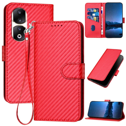 Red carbon-fiber textured leather phone case with buckle strap and flip cover
