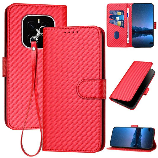 Red carbon-fiber patterned leather phone case with lanyard and magnetic flip cover