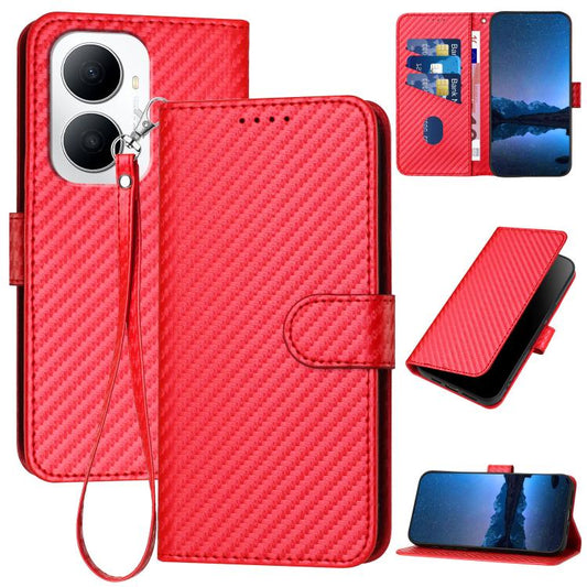 Red carbon-fiber texture leather-look phone case with wrist lanyard and card slots