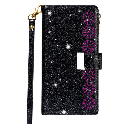 Glitter starry-sky phone wallet case with zipper and magenta flower star design