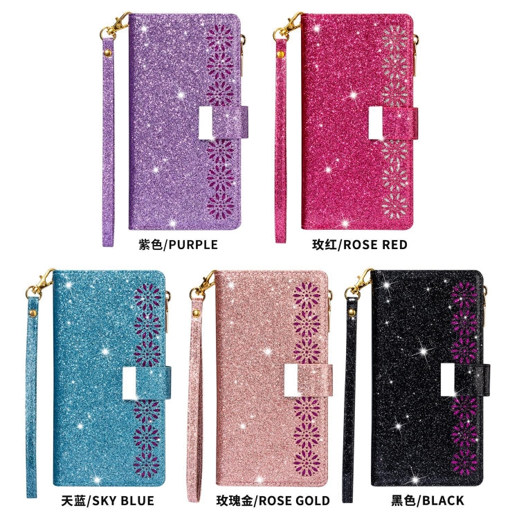 Glitter zipper flip wallet phone case with card slots, starry pattern, lanyard, purple and rose