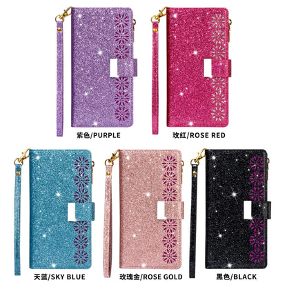 Glitter zipper flip wallet phone case with card slots, starry pattern, lanyard, purple and rose