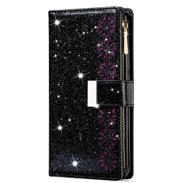 Glitter starry-sky flip phone case with magenta star flower accents and card window