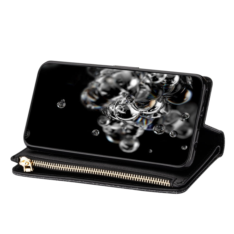 Glitter black phone case with horizontal zipper and flip cover strap