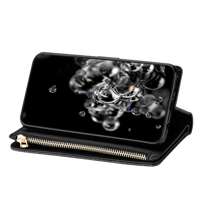 Glitter black phone case with horizontal zipper and flip cover strap